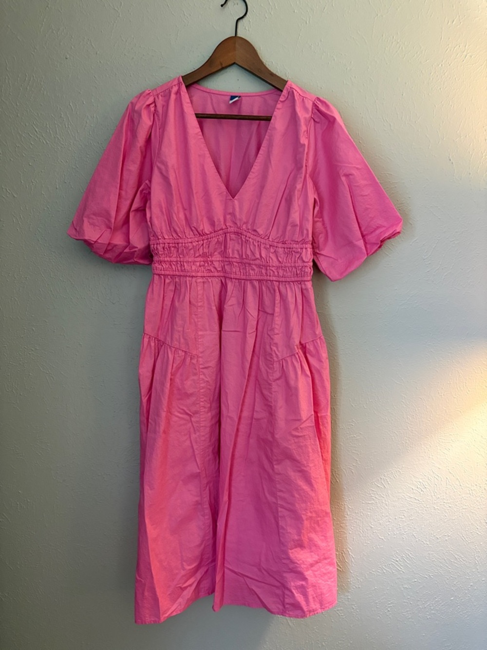 Old Navy Bright Pink V-Neck Midi Dress with Puff Sleeves
